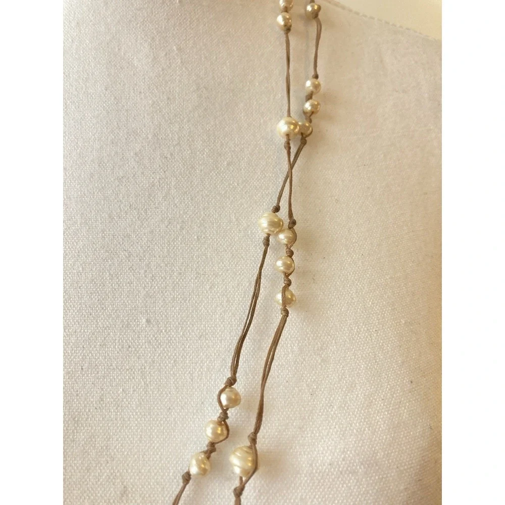 Layered Faux Pearl Cord Necklace Cream & Earthy Brown Cord Long‎ Boho  Romantic